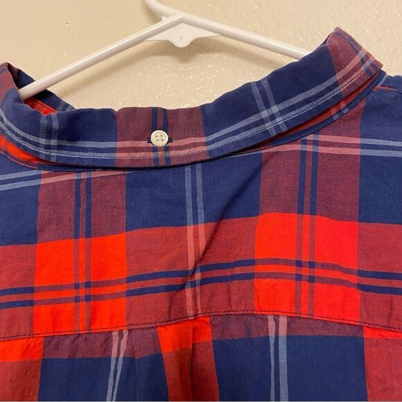 Old Navy red white Blue Striped Plaid Button Up Shirt long sleeve slim fit XL - Picture 3 of 9